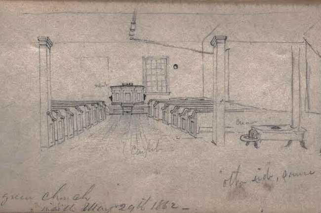 Interior of Historic Polegreen Church. Drawing by Lieutenant Thomas M. Farrell, 1862.